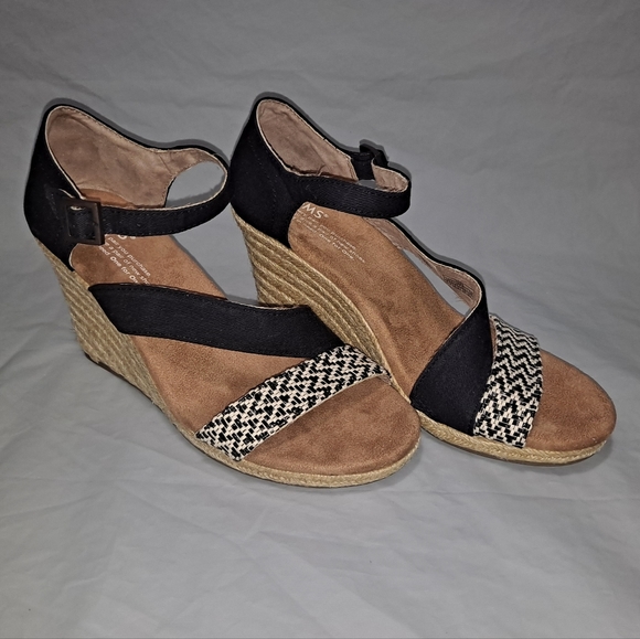 TOMS Clarissa Wedge Sandals Women's 6.5 Black/Tan/White w/ 3.5 inch Rope Heels - Picture 6 of 12